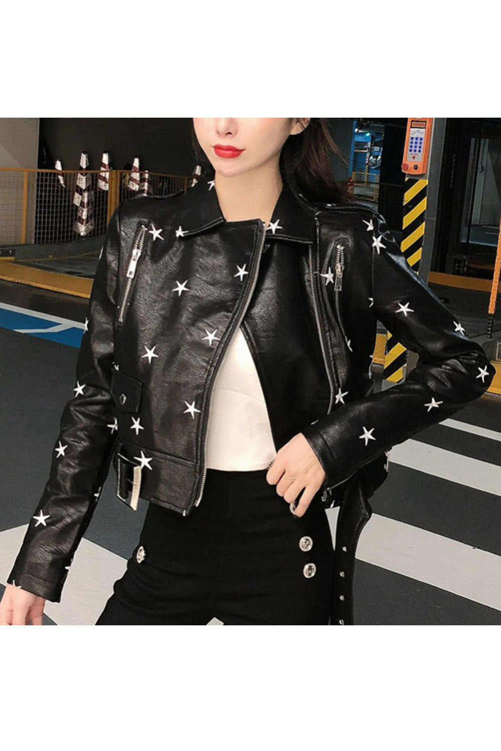 Women Stylish Star Printed Collar Neck Cross Zip Closure Awesome Adjustable Waist Belt Fashionic Leather Jacket