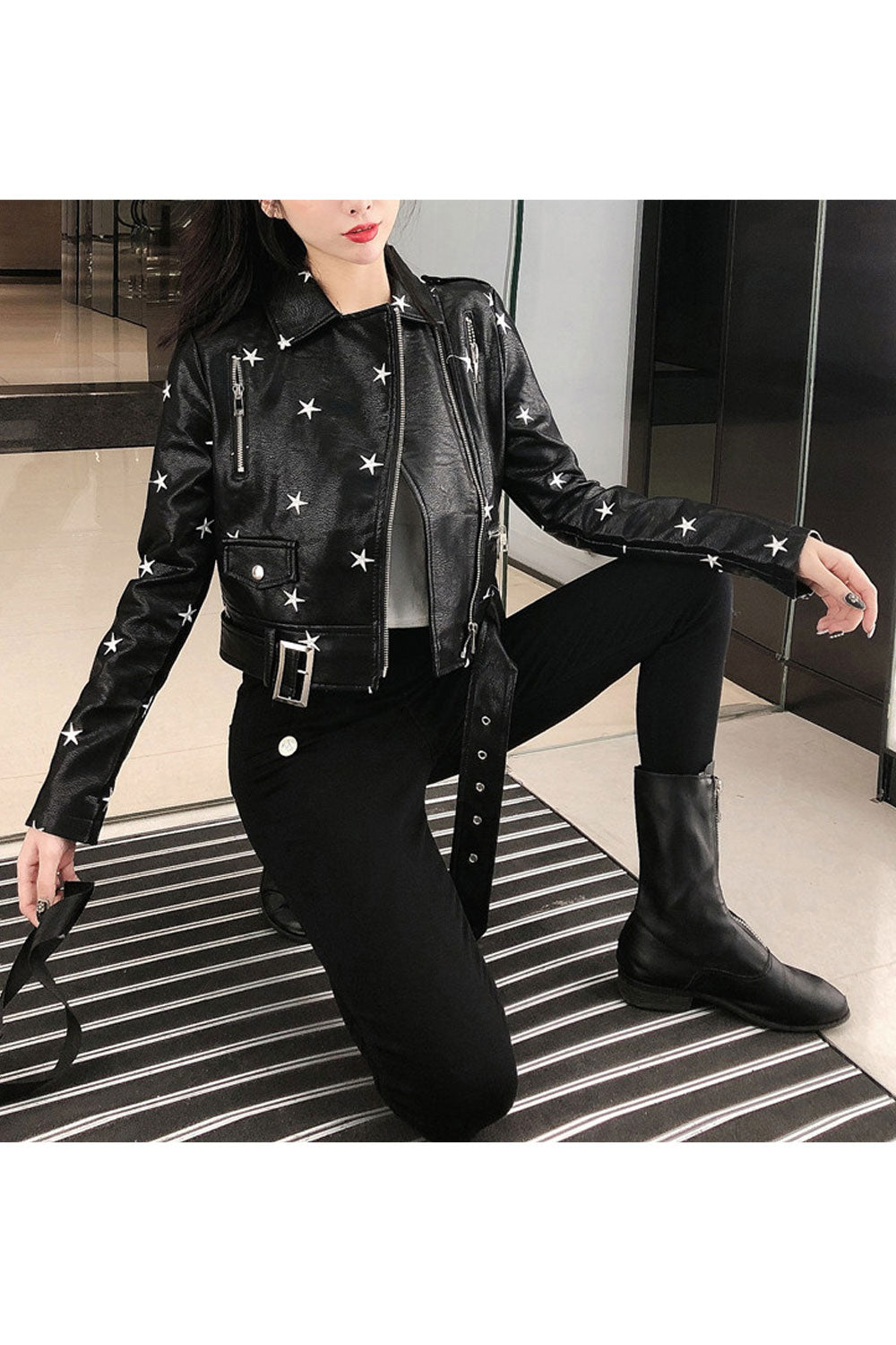 Women Stylish Star Printed Collar Neck Cross Zip Closure Awesome Adjustable Waist Belt Fashionic Leather Jacket