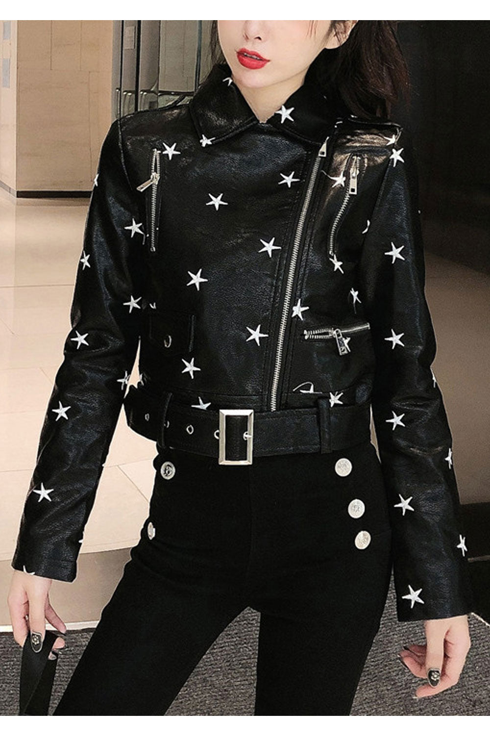 Women Stylish Star Printed Collar Neck Cross Zip Closure Awesome Adjustable Waist Belt Fashionic Leather Jacket