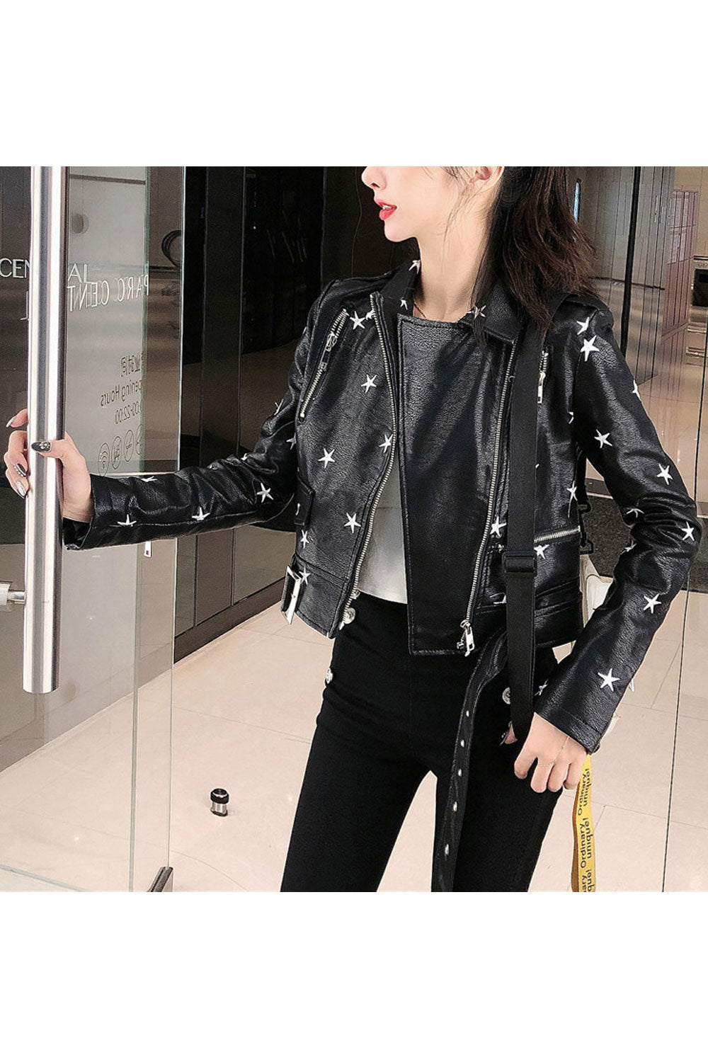 Women Stylish Star Printed Collar Neck Cross Zip Closure Awesome Adjustable Waist Belt Fashionic Leather Jacket