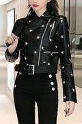 Women Stylish Star Printed Collar Neck Cross Zip Closure Awesome Adjustable Waist Belt Fashionic Leather Jacket