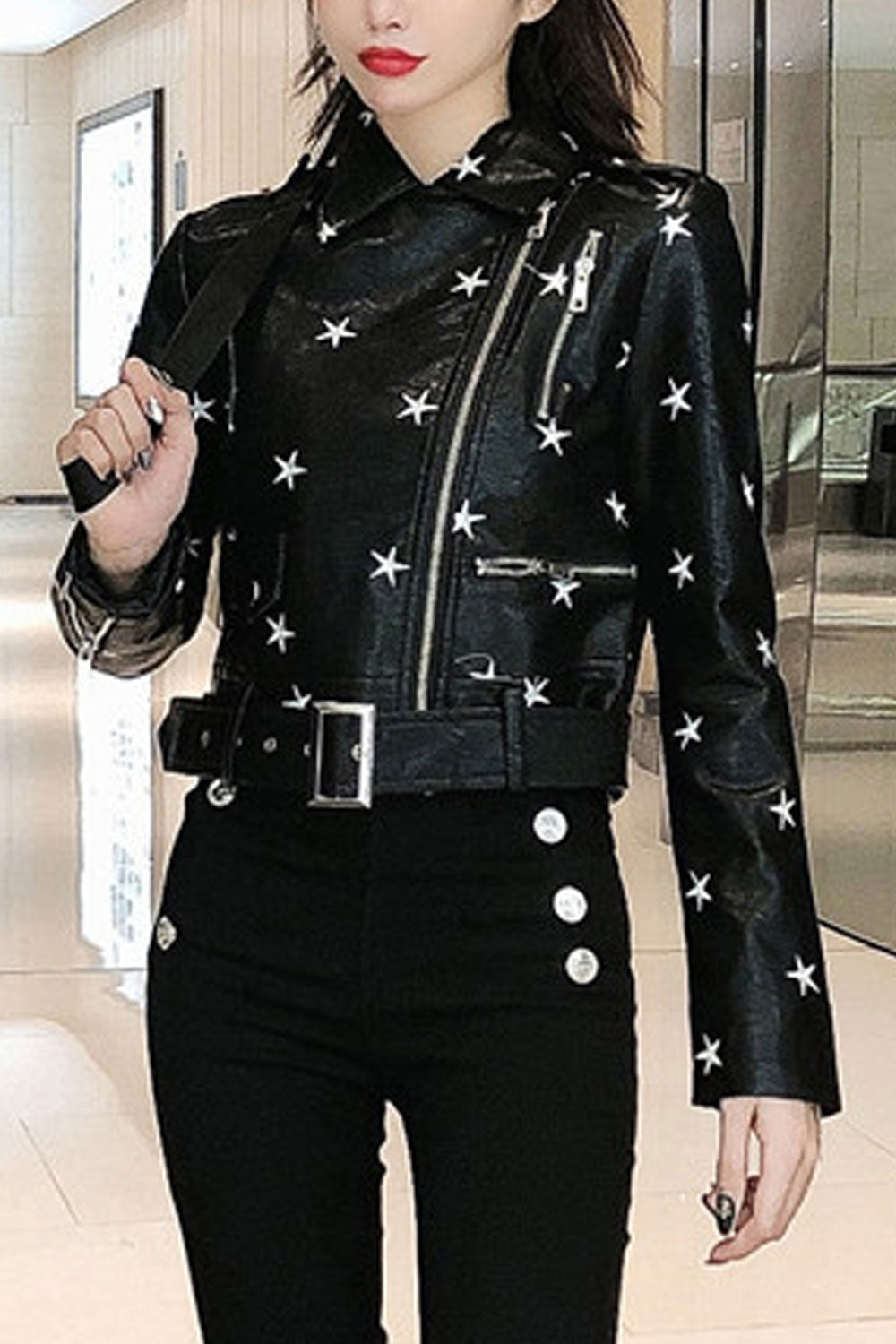 Women Stylish Star Printed Collar Neck Cross Zip Closure Awesome Adjustable Waist Belt Fashionic Leather Jacket