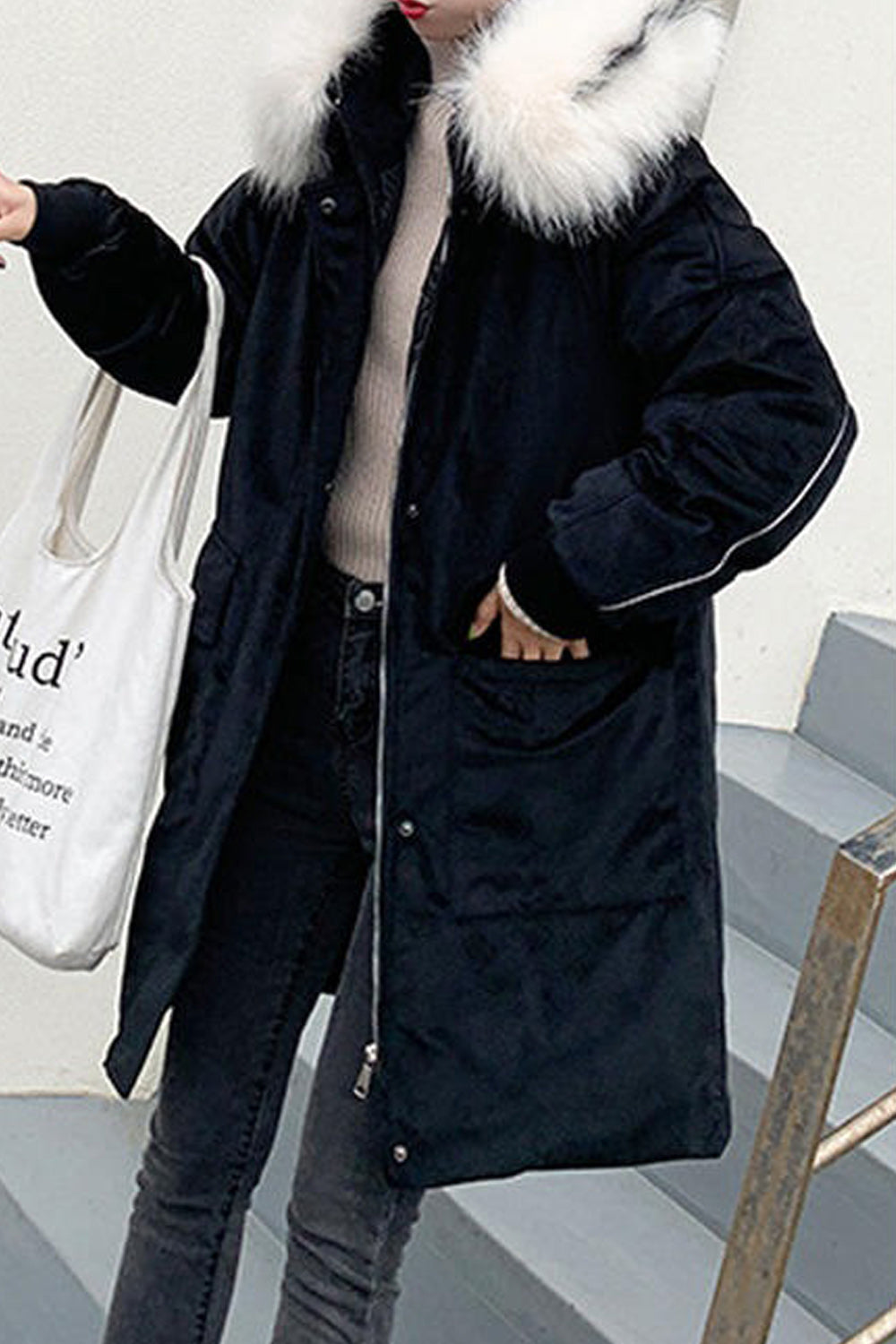 Women Flap Pocket Zip Up Padded Loose Winter Jacket