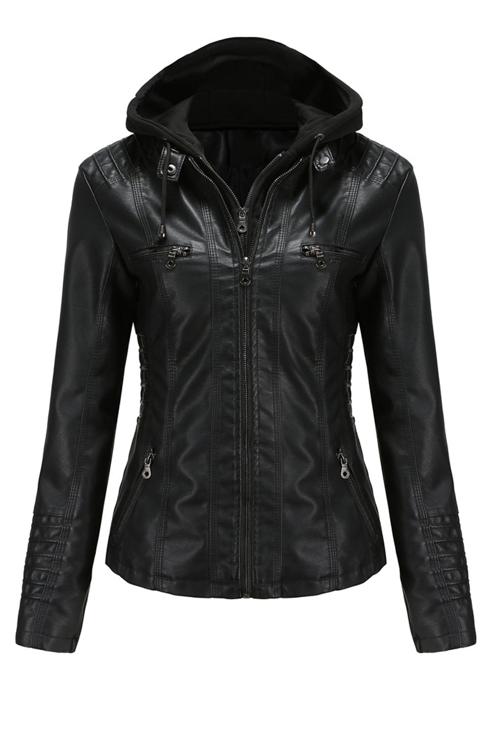 Women Fluffy Hooded Neck Side Zip Pocket & Front Zip Fastener Slim Fit Warm Winter Leather Jacket