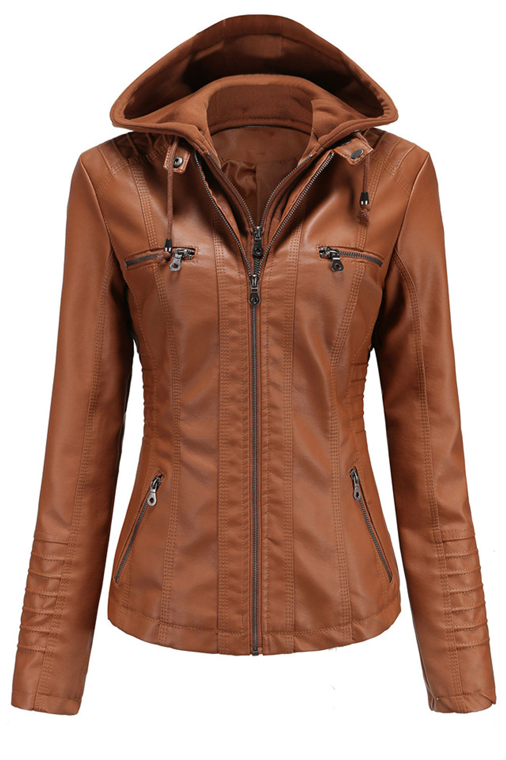 Women Fluffy Hooded Neck Side Zip Pocket & Front Zip Fastener Slim Fit Warm Winter Leather Jacket
