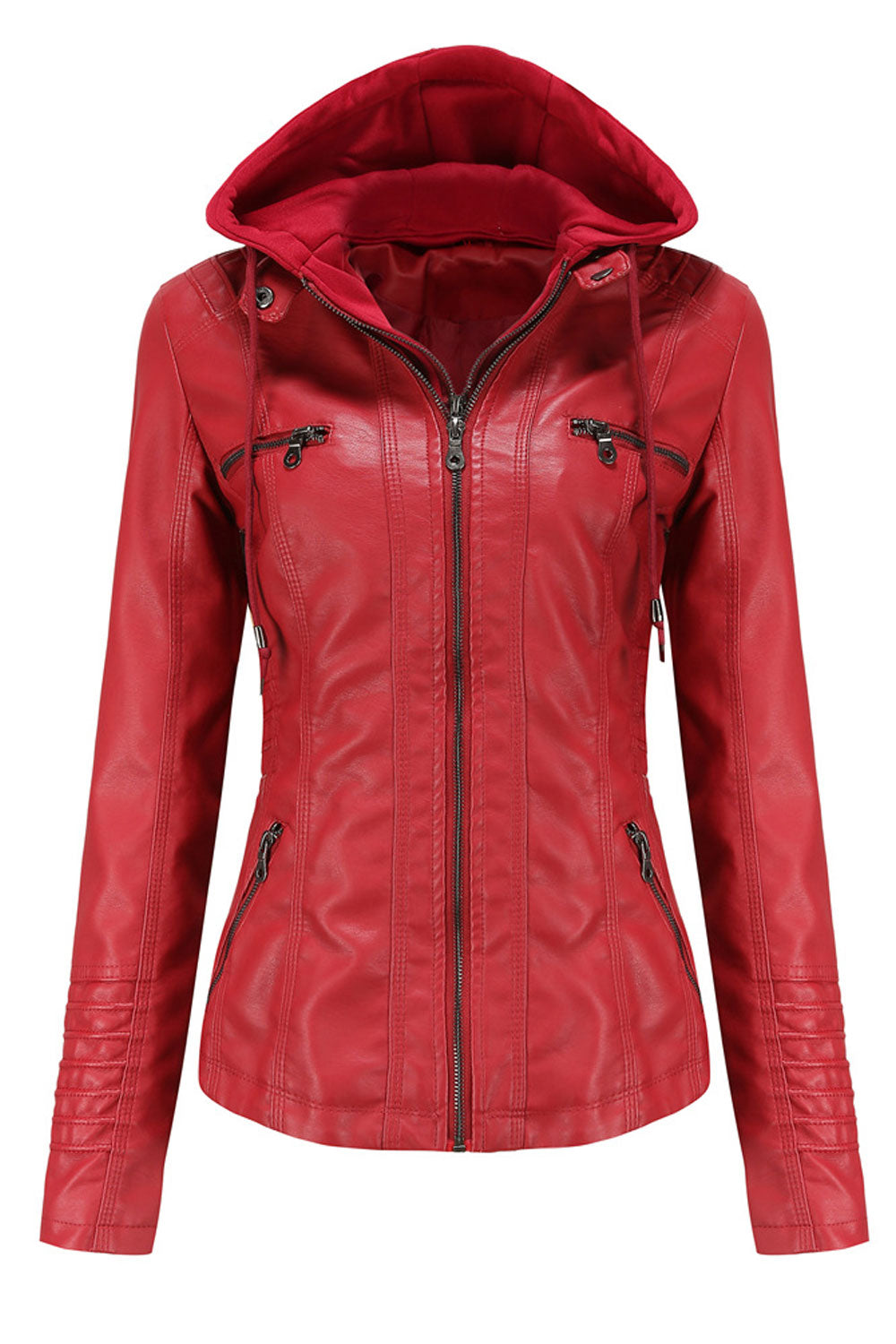 Women Fluffy Hooded Neck Side Zip Pocket & Front Zip Fastener Slim Fit Warm Winter Leather Jacket