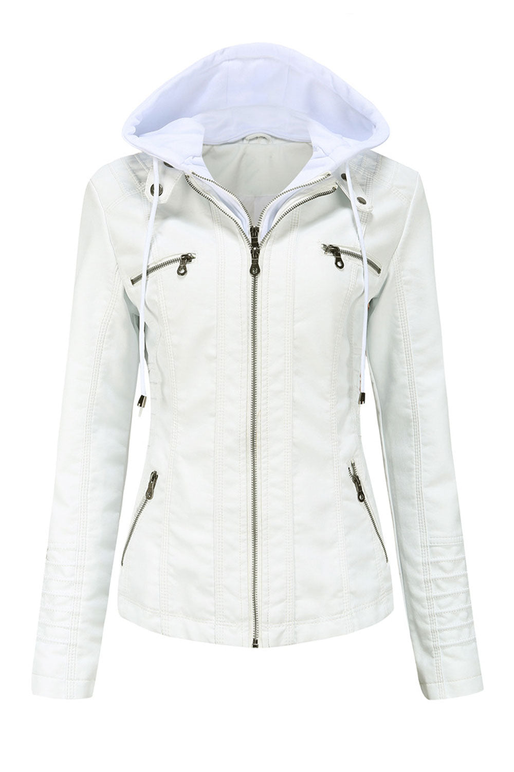 Women Fluffy Hooded Neck Side Zip Pocket & Front Zip Fastener Slim Fit Warm Winter Leather Jacket
