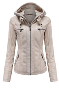 Women Fluffy Hooded Neck Side Zip Pocket & Front Zip Fastener Slim Fit Warm Winter Leather Jacket