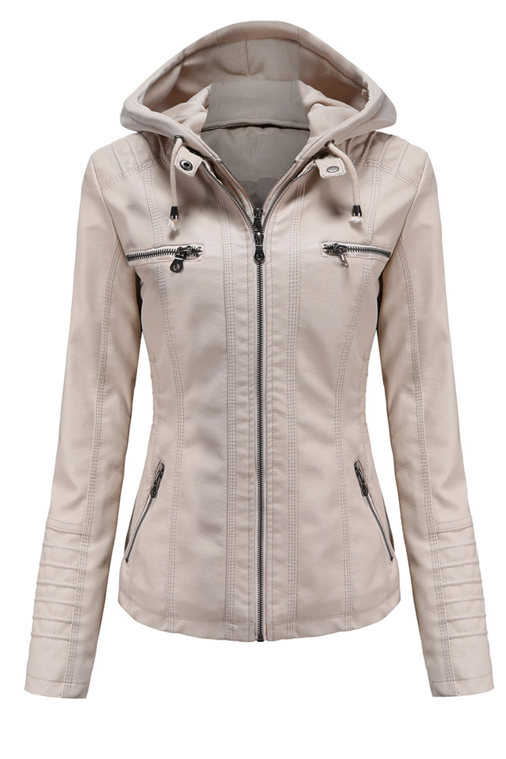 Women Fluffy Hooded Neck Side Zip Pocket & Front Zip Fastener Slim Fit Warm Winter Leather Jacket