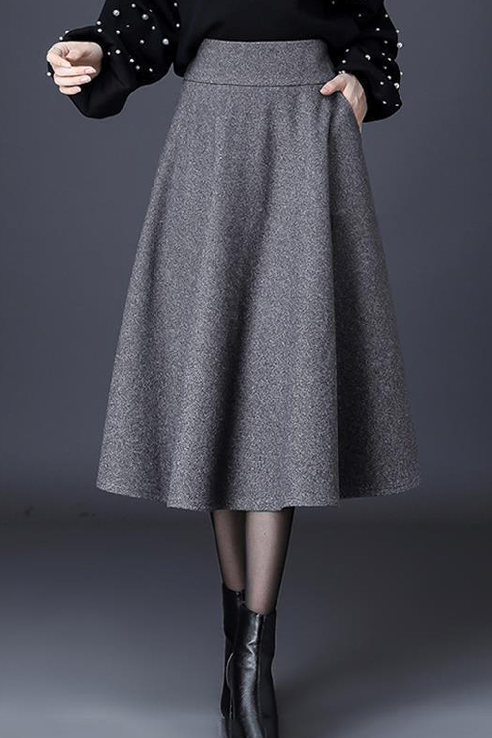 Women Flared Side Pockets Solid Pattern High Waist Warm &Thick Fabulous Casual Skirt