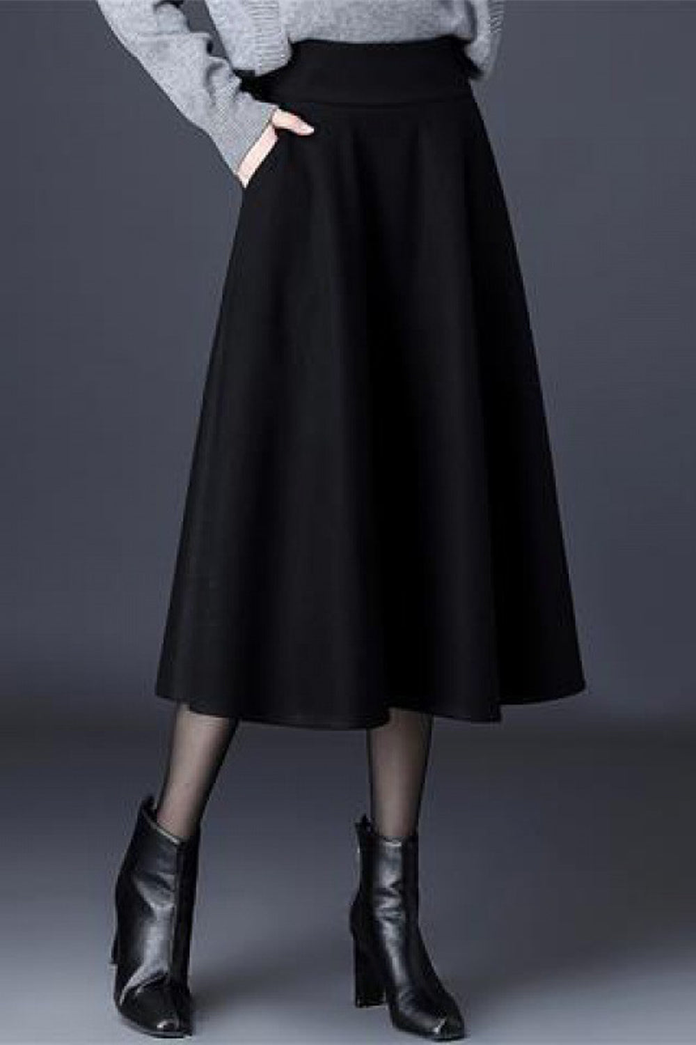 Women Flared Side Pockets Solid Pattern High Waist Warm &Thick Fabulous Casual Skirt