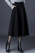 Women Flared Side Pockets Solid Pattern High Waist Warm &Thick Fabulous Casual Skirt