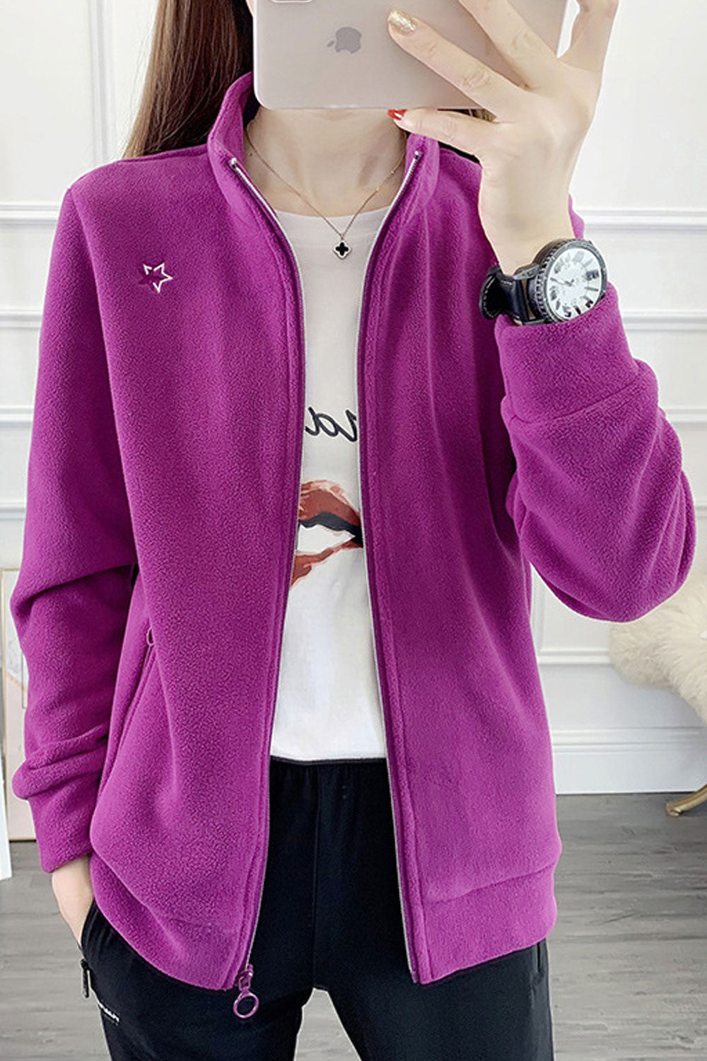 Women Decent Stand Collar Neck Ribbed Hem & Cuff Winter Casual Jacket