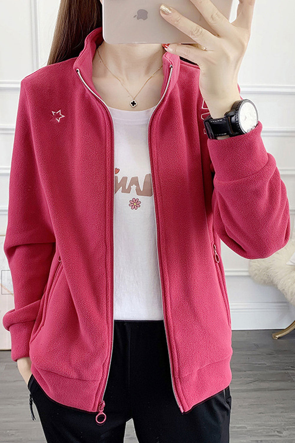 Women Decent Stand Collar Neck Ribbed Hem & Cuff Winter Casual Jacket