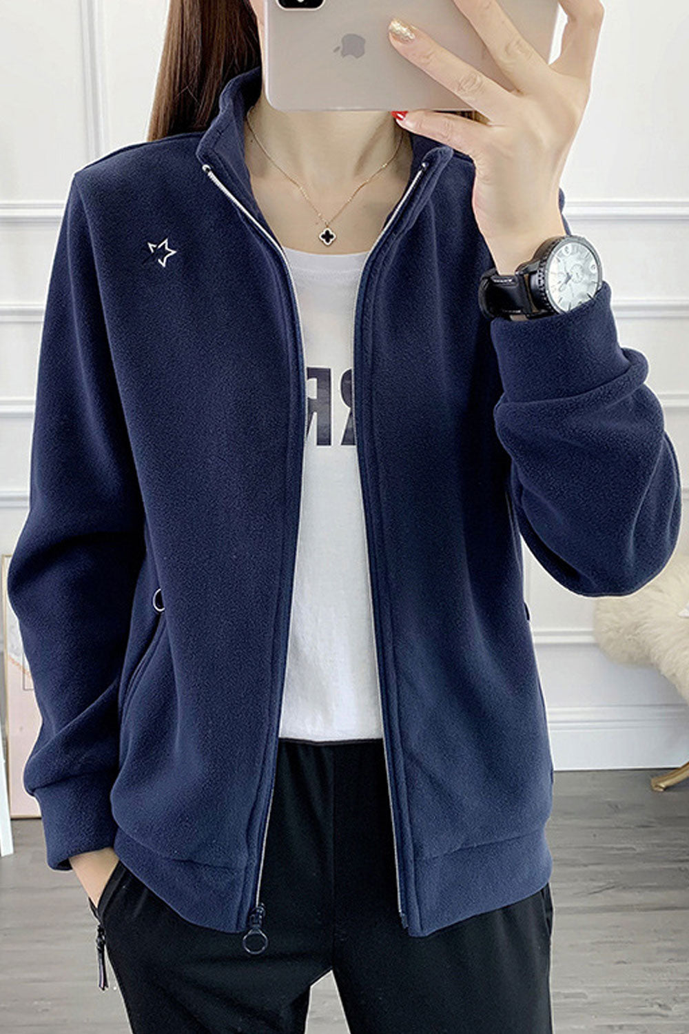 Women Decent Stand Collar Neck Ribbed Hem & Cuff Winter Casual Jacket