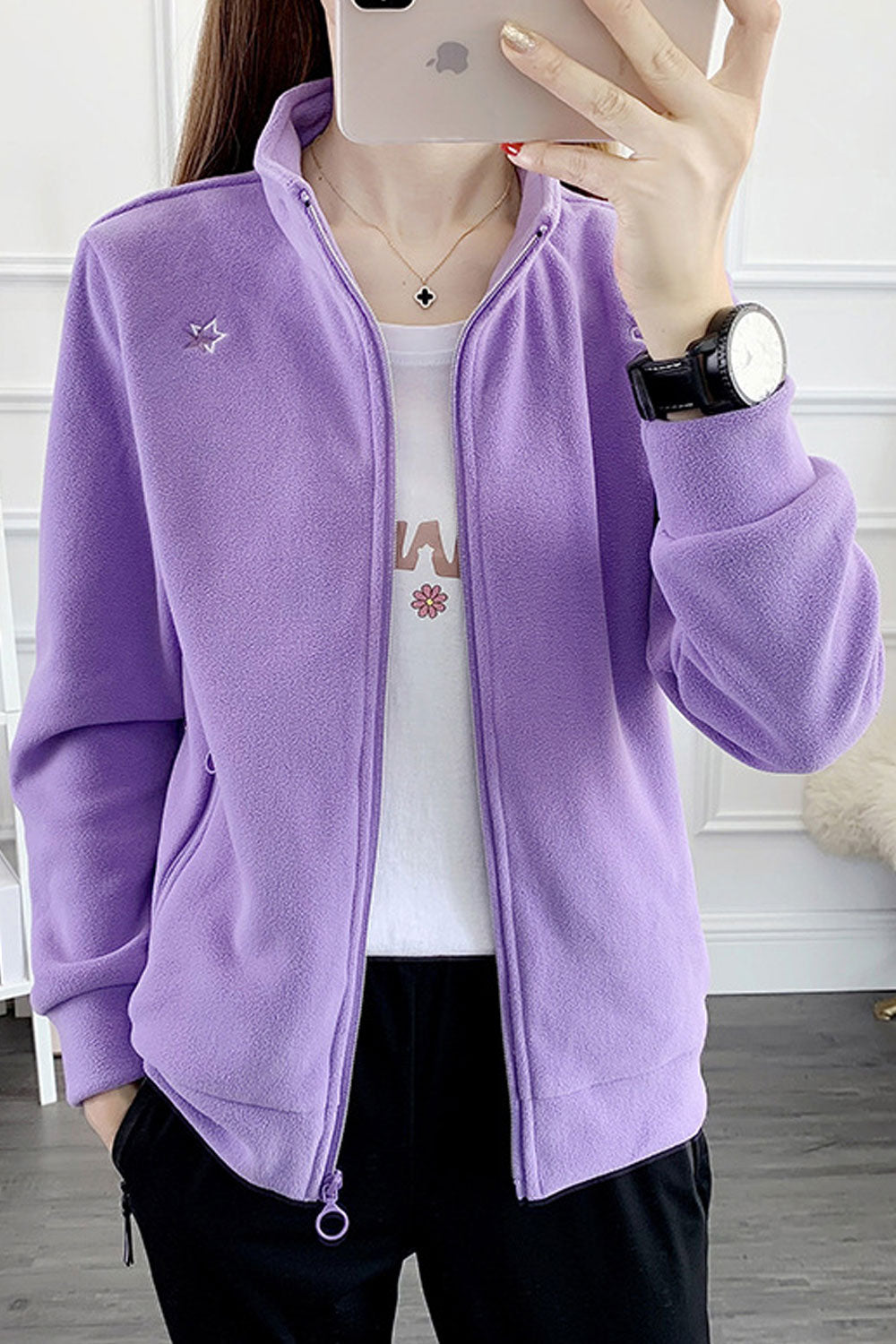 Women Decent Stand Collar Neck Ribbed Hem & Cuff Winter Casual Jacket