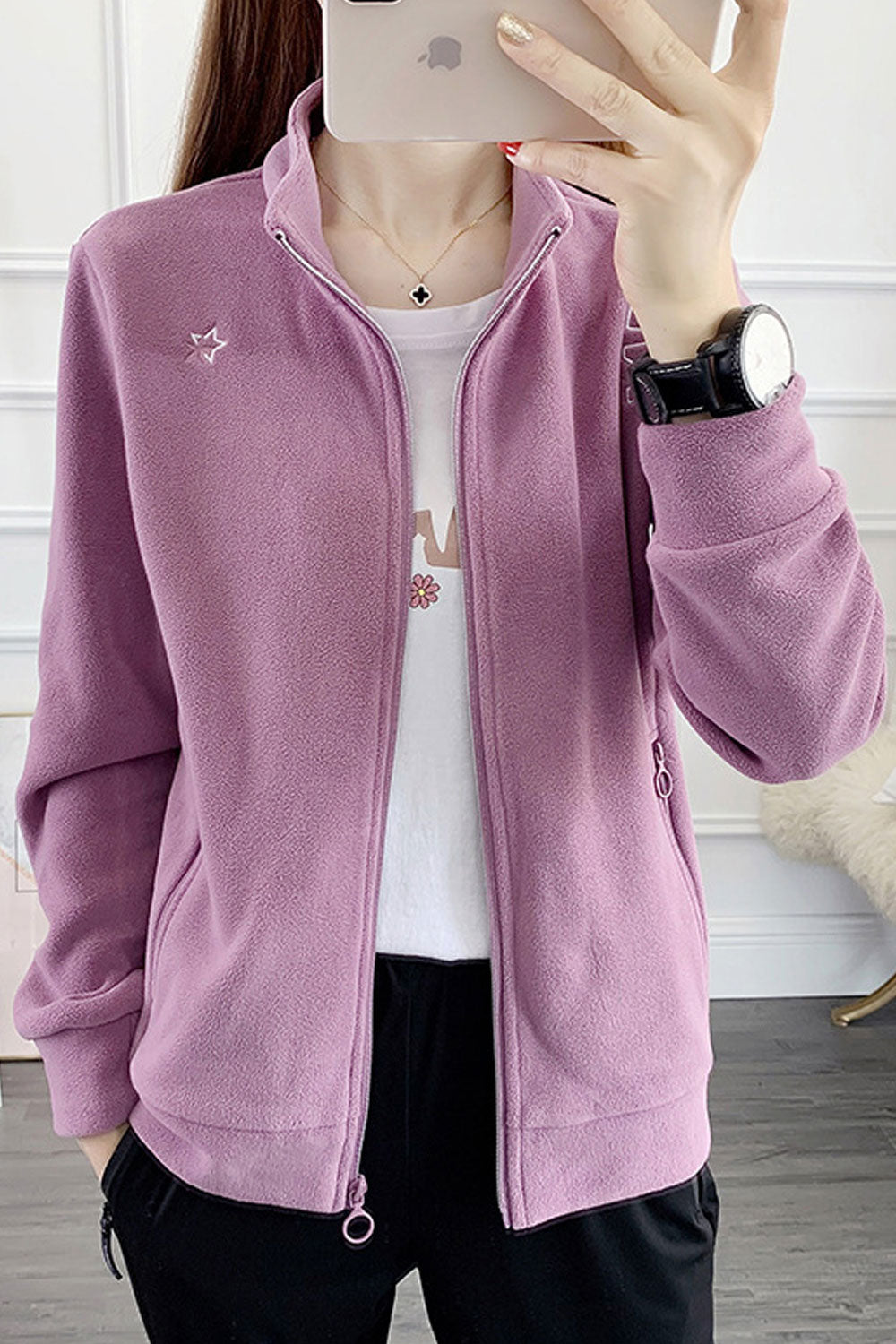 Women Decent Stand Collar Neck Ribbed Hem & Cuff Winter Casual Jacket