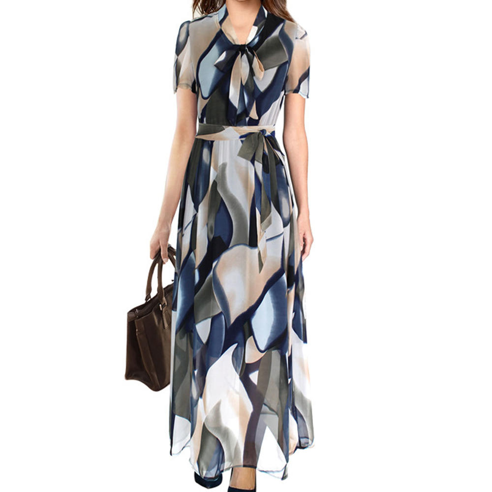 Women Short Sleeve Slim Waist Chiffon Dress
