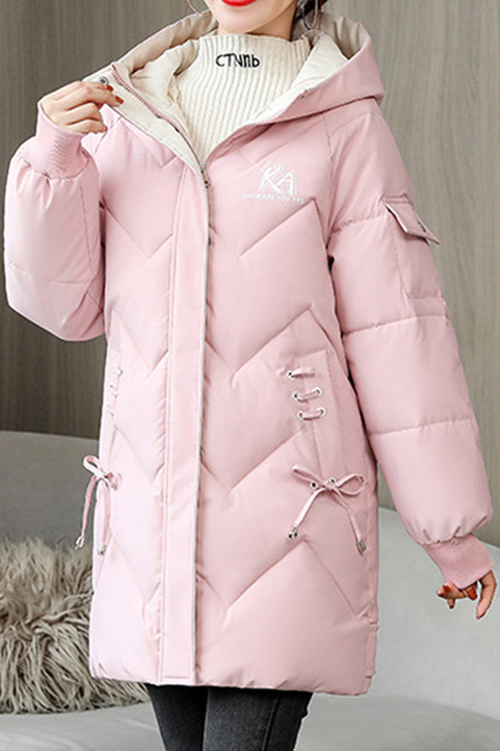 Women Excellent Hooded Neck Letter Pattern Drawstring Decorated Winter Padded Jacket