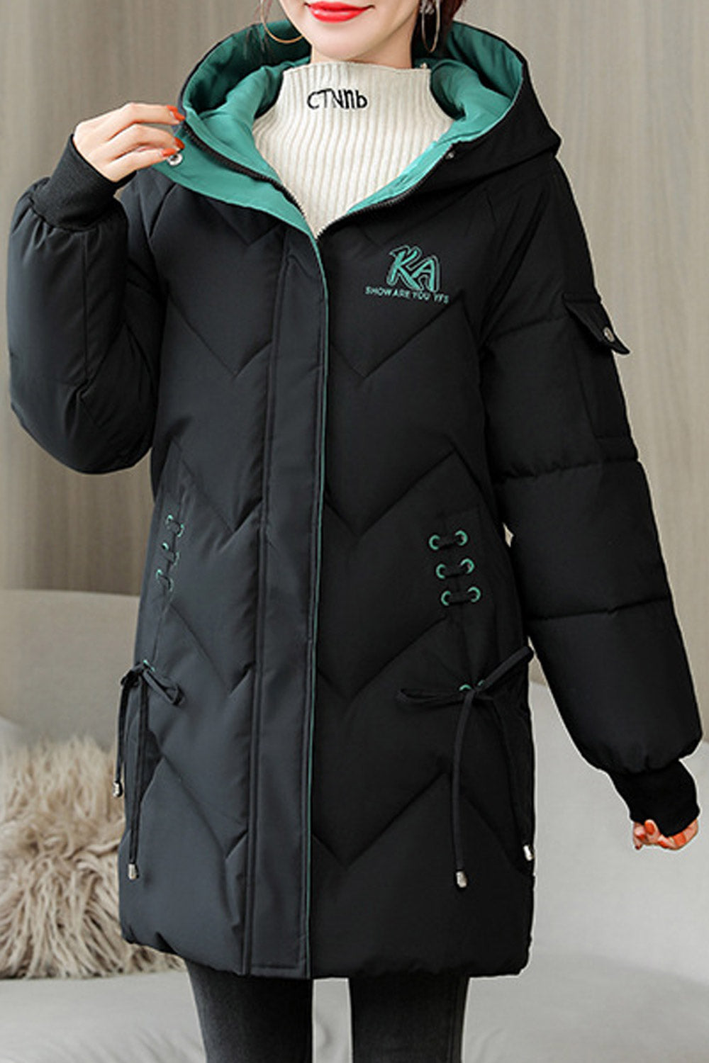 Women Excellent Hooded Neck Letter Pattern Drawstring Decorated Winter Padded Jacket