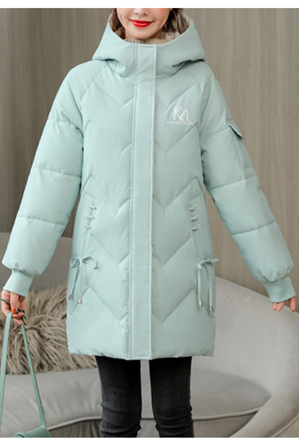 Women Excellent Hooded Neck Letter Pattern Drawstring Decorated Winter Padded Jacket