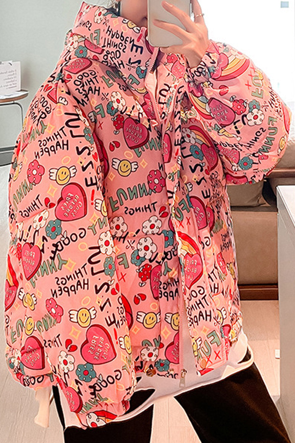 Women Appealing Letter Pattern Thick & Warm Long Sleeve Winter Padded Jacket