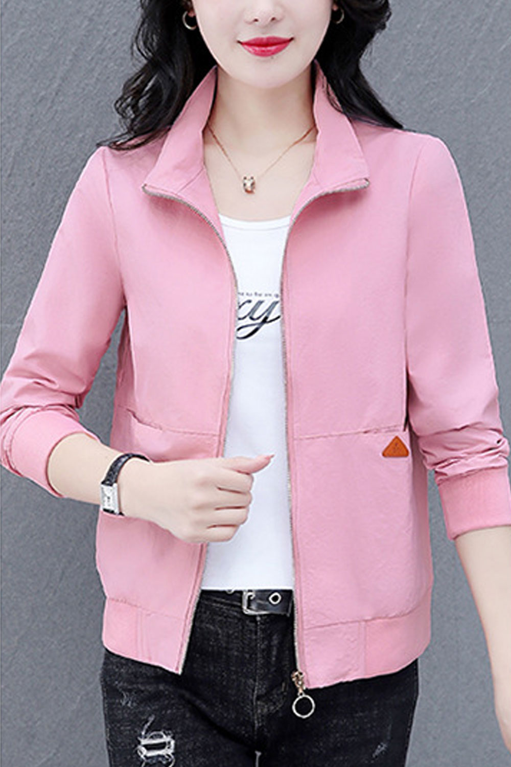 Women Outstanding Stand Collar Neck Patch Pocket & Ribbed Cuff Decent Winter Casual Jacket