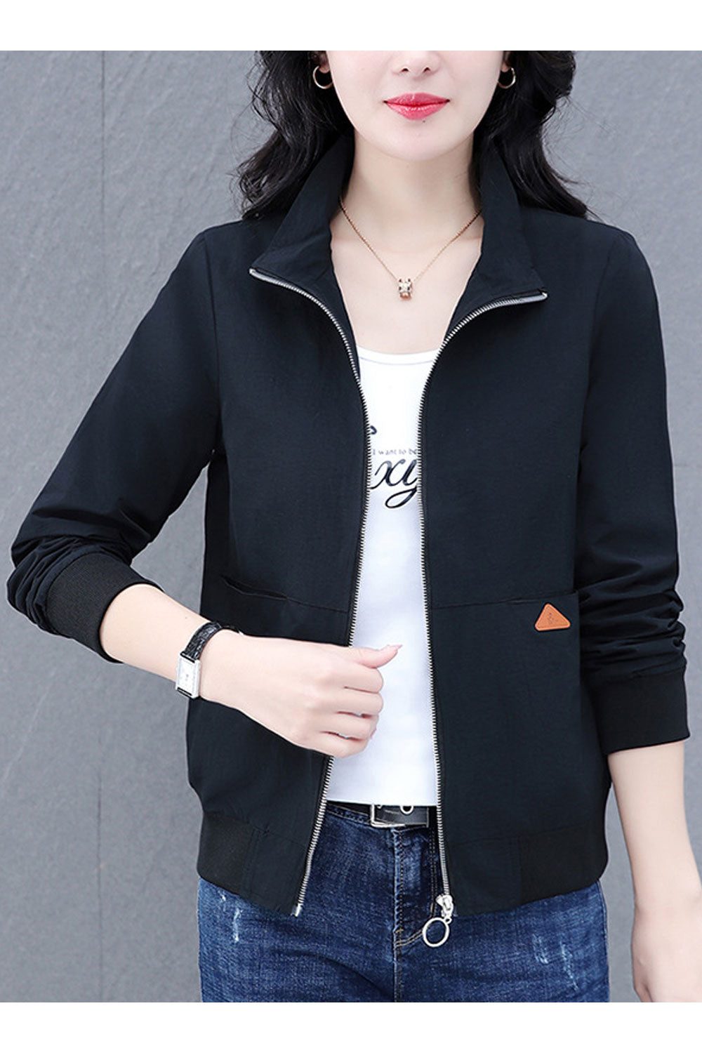 Women Outstanding Stand Collar Neck Patch Pocket & Ribbed Cuff Decent Winter Casual Jacket