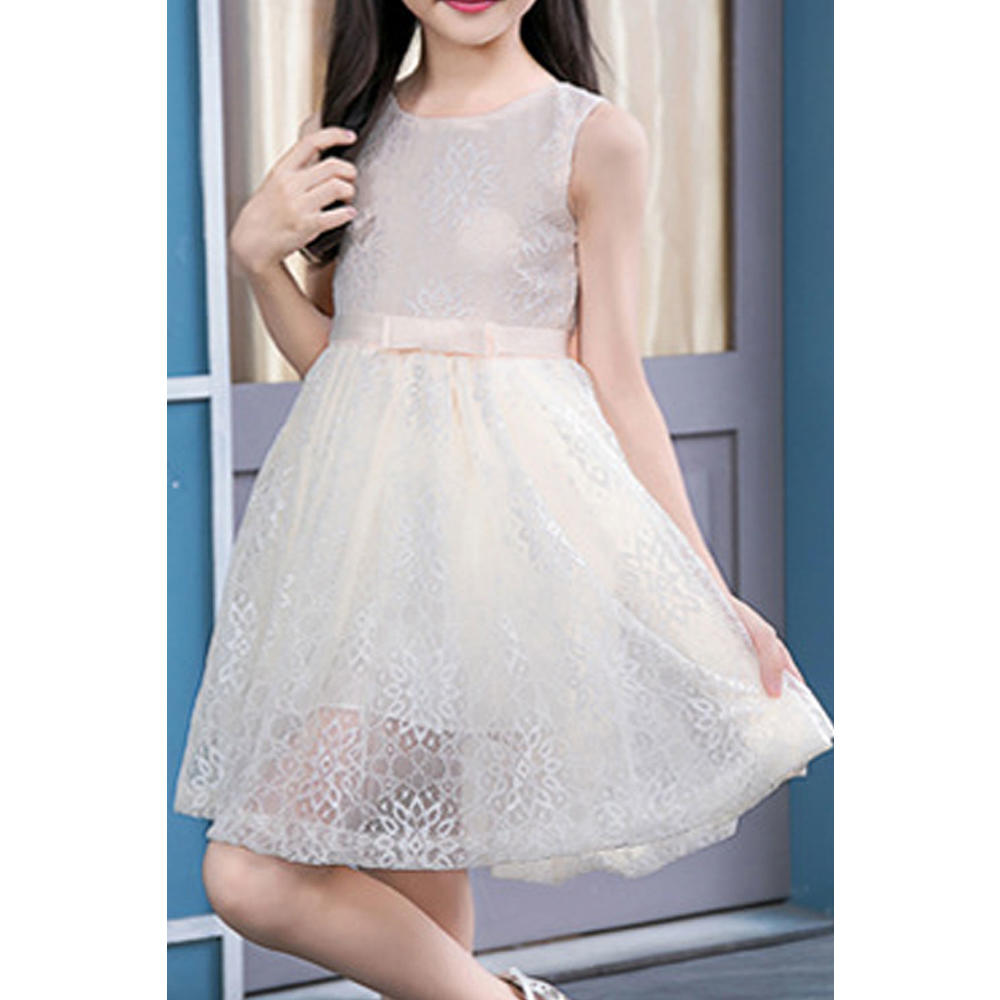 Kids Girls Silk Waist Ribbon Sleeveless Dress