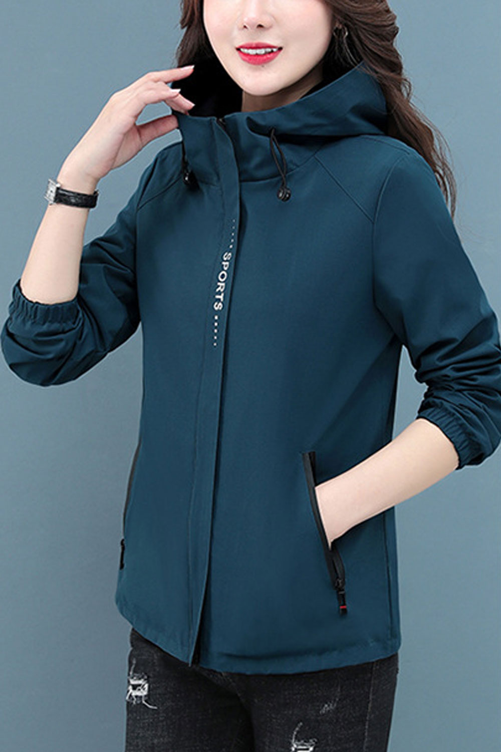 Women Striking Hooded Neck Ribbed Cuff Slash Pocket & Front Zippered Winter Casual Jacket