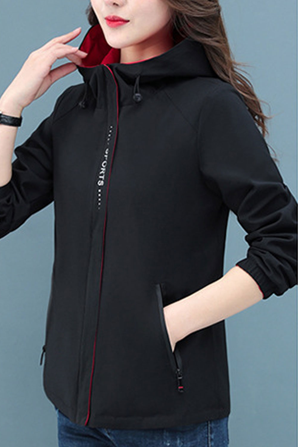 Women Striking Hooded Neck Ribbed Cuff Slash Pocket & Front Zippered Winter Casual Jacket