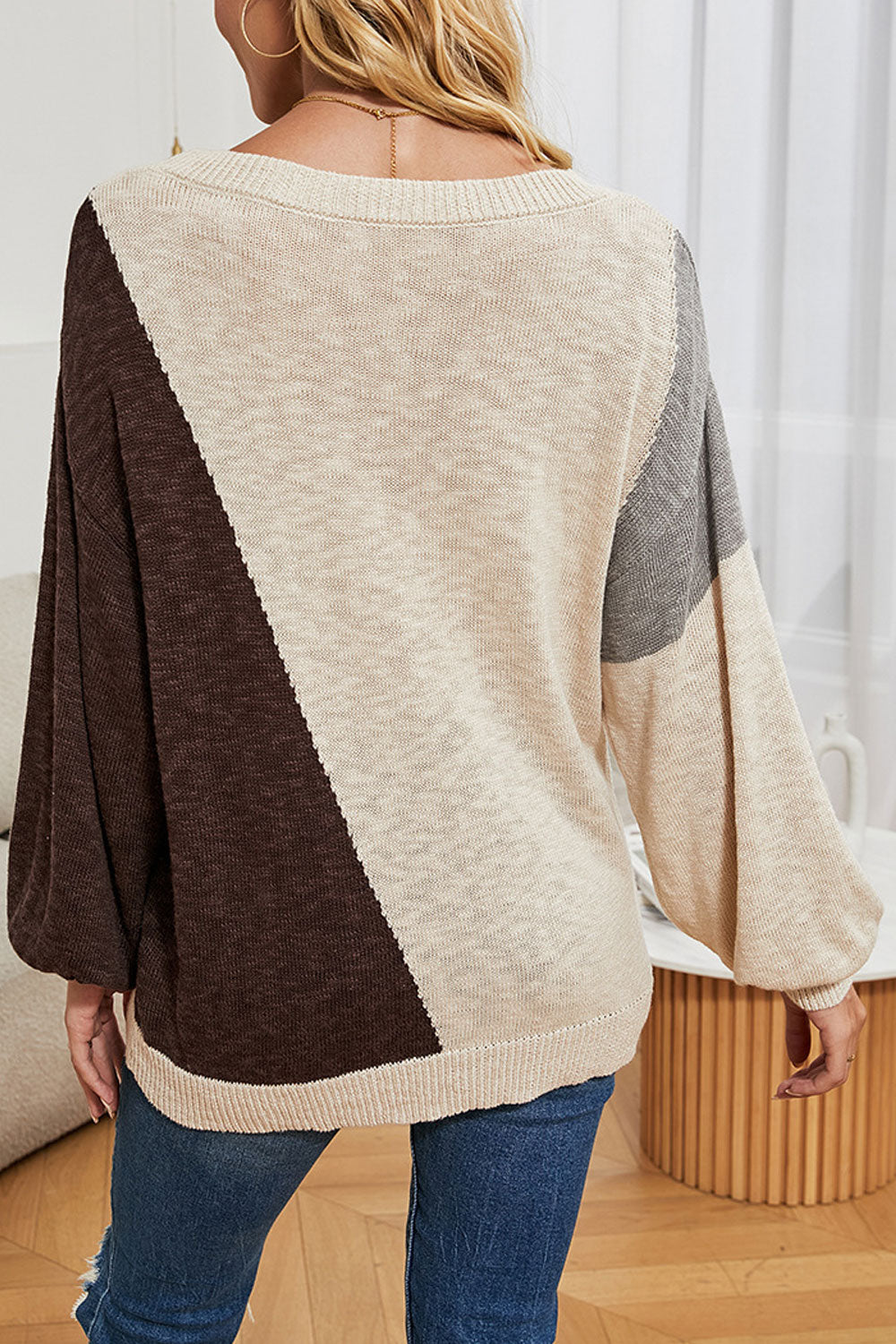 Women Stretchable Round Neck Matching Colors Loose Fit Warm Winter Sweater