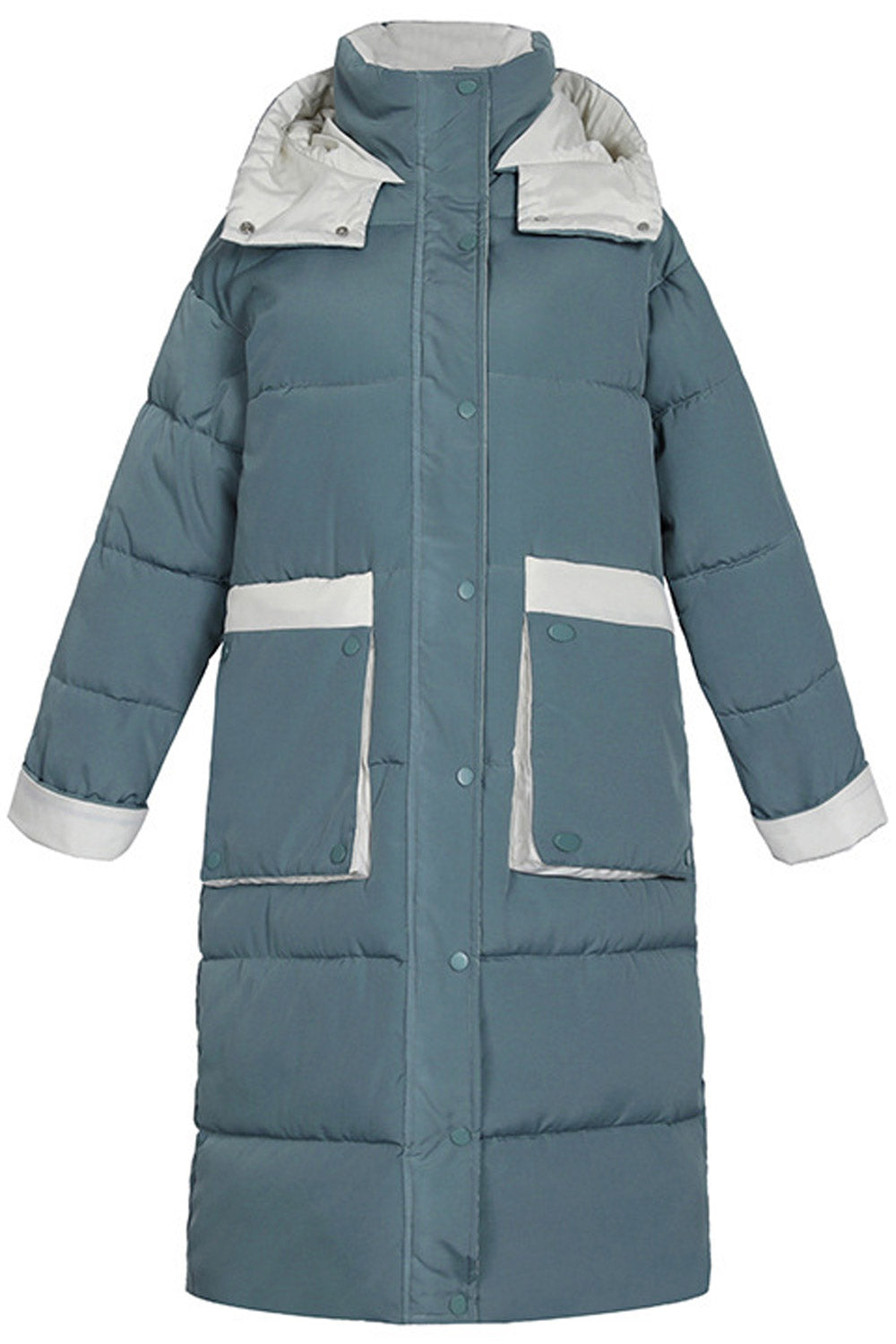 Women Briiliant Below Knee Length Front Pockets Stand Collar Along Hood Winter Padded Jacket