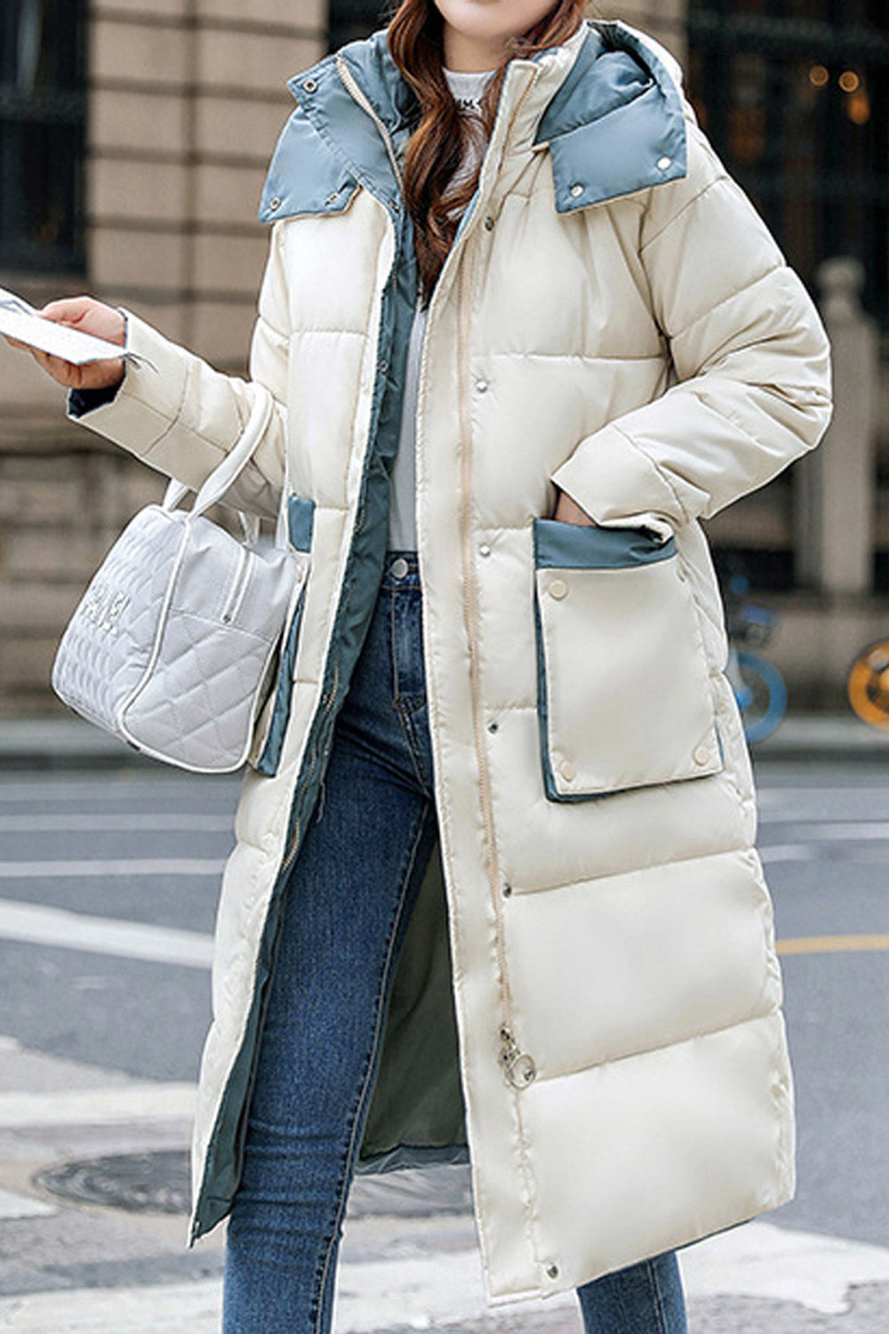 Women Briiliant Below Knee Length Front Pockets Stand Collar Along Hood Winter Padded Jacket