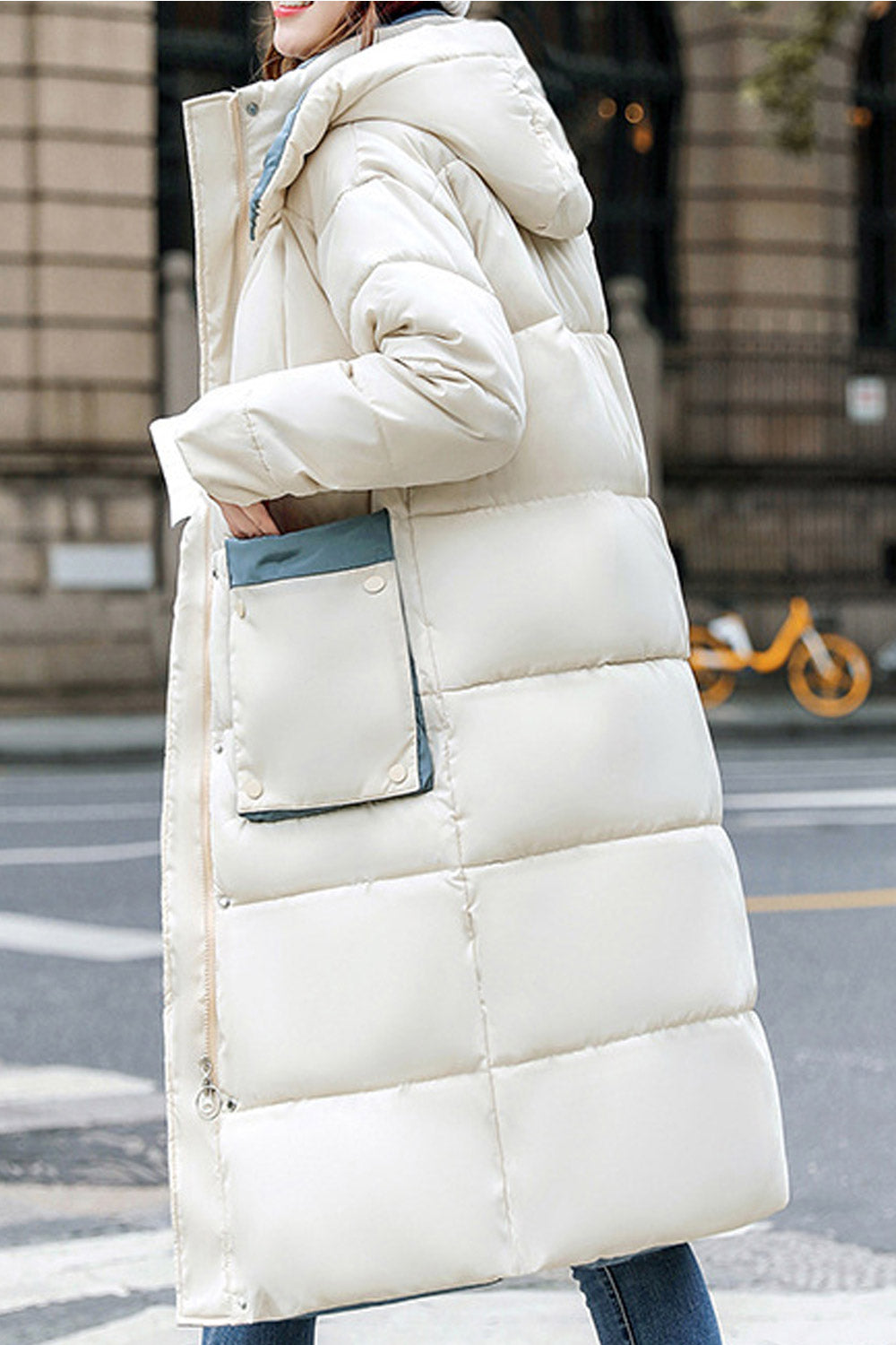 Women Briiliant Below Knee Length Front Pockets Stand Collar Along Hood Winter Padded Jacket