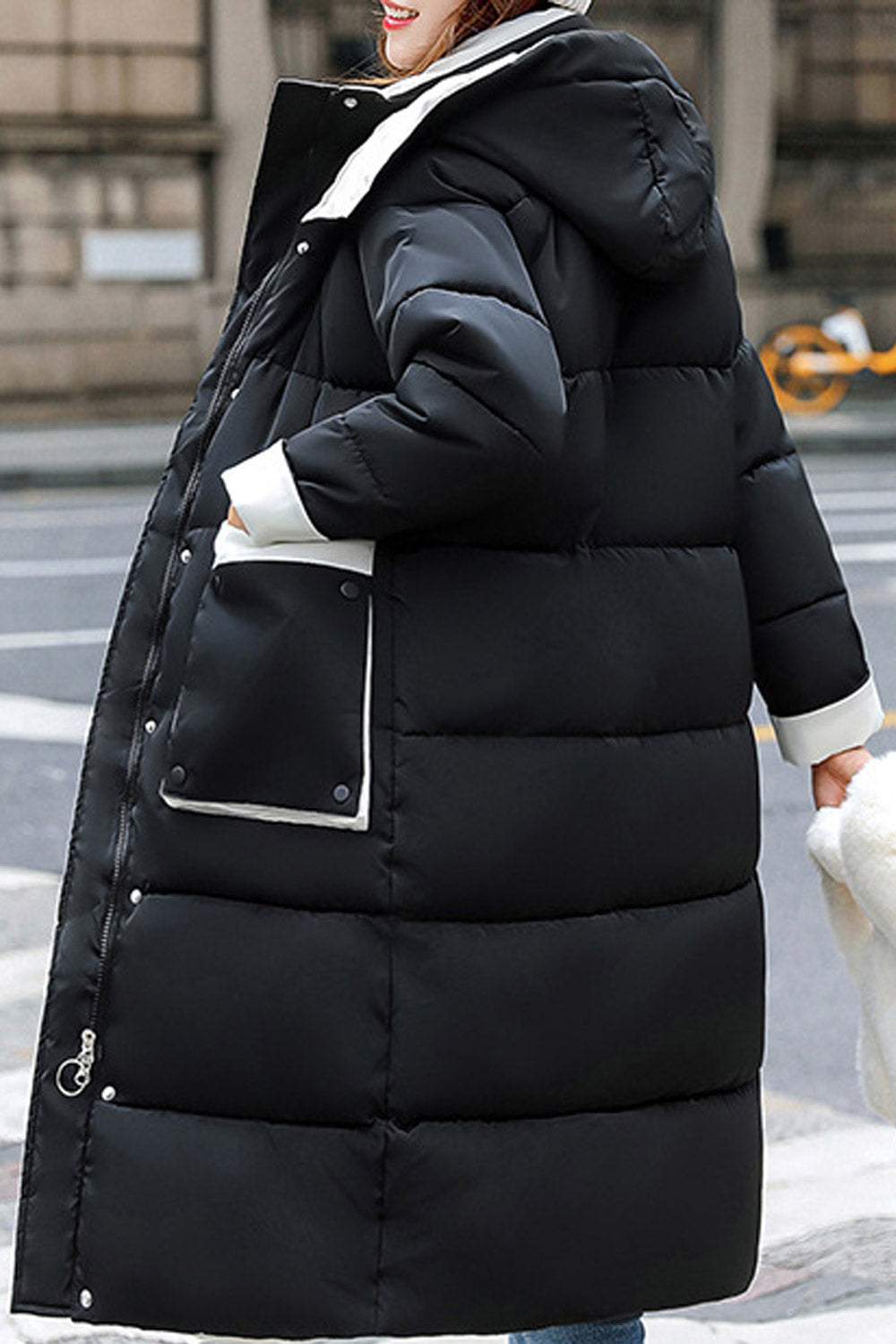 Women Briiliant Below Knee Length Front Pockets Stand Collar Along Hood Winter Padded Jacket