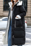 Women Briiliant Below Knee Length Front Pockets Stand Collar Along Hood Winter Padded Jacket