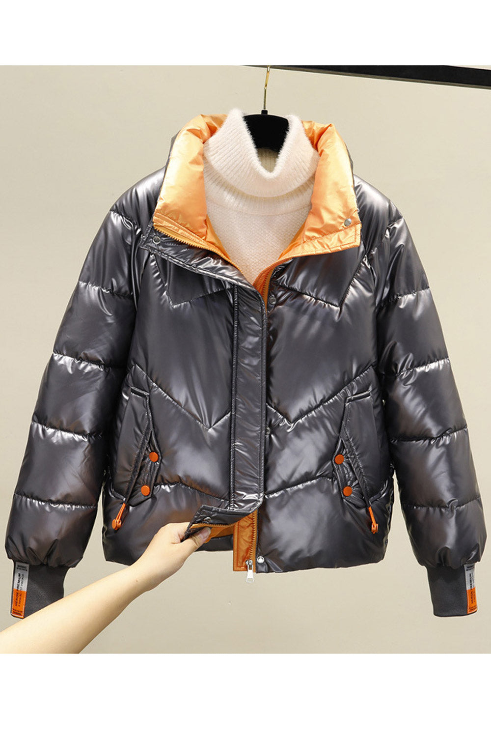 Women Sparkled Long Sleeve Magnificent Side Pockets Easy Zipper Closure Warm & Comfy Winter Padded Jacket