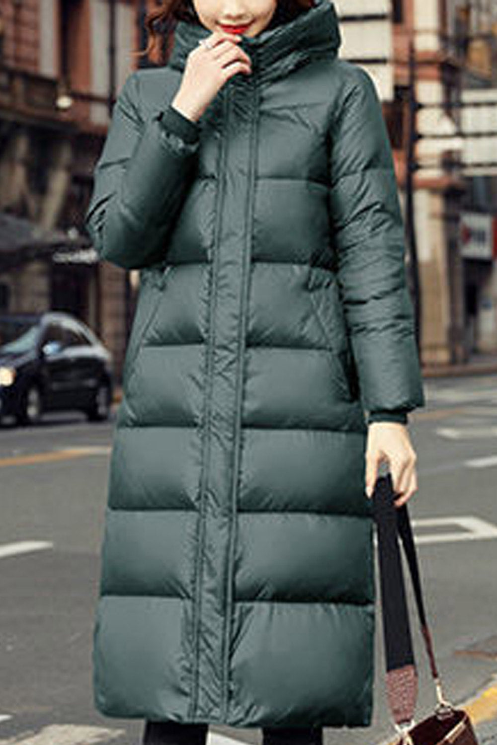 Women Below he Knee Length Hooded Neck Zipper Closure Restful Winter Warm Padded Jacket