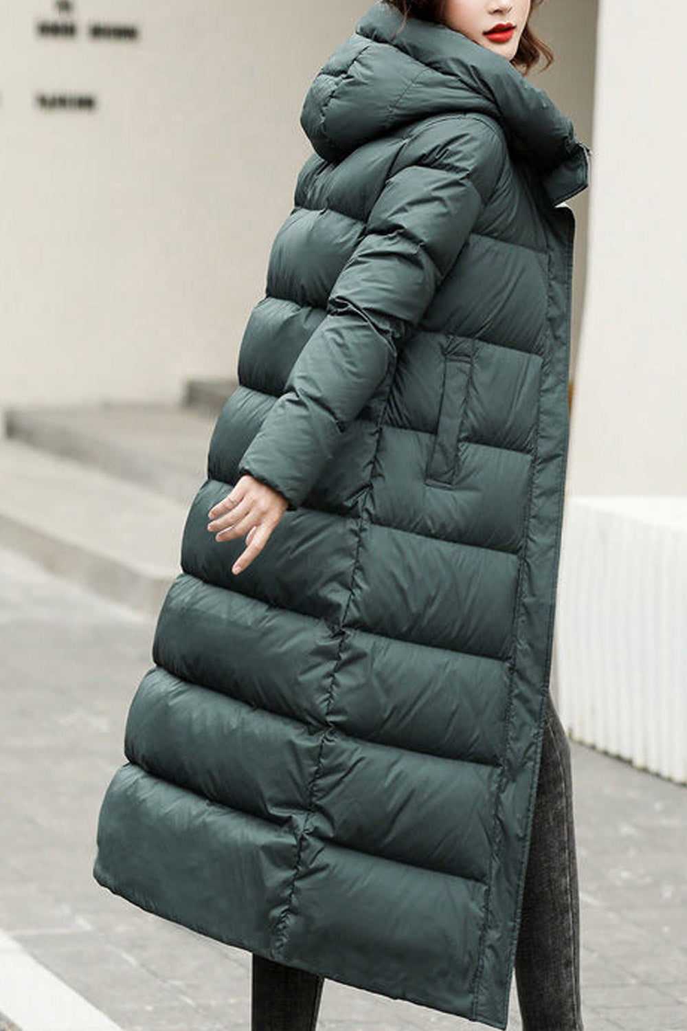 Women Below he Knee Length Hooded Neck Zipper Closure Restful Winter Warm Padded Jacket