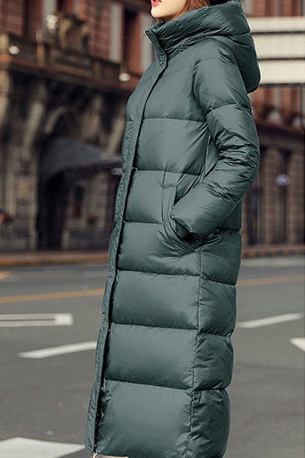 Women Below he Knee Length Hooded Neck Zipper Closure Restful Winter Warm Padded Jacket