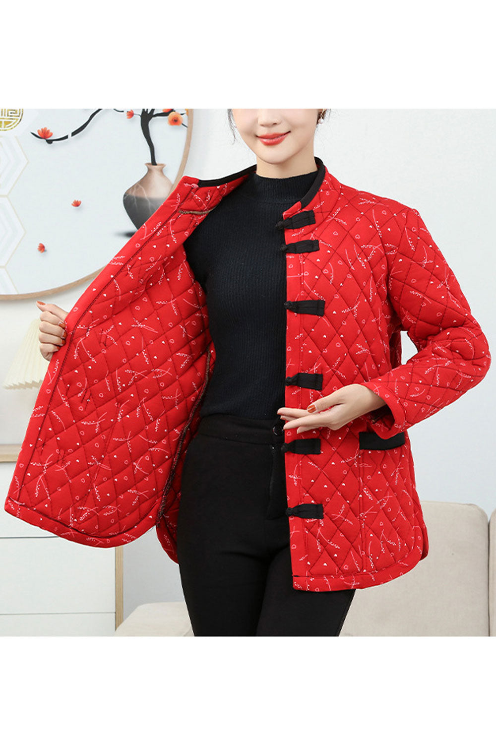 Women Appealing Floral Printed Nicely Designed Toggle Button Closure Stand Collar Stunning Winter Warm Padded Jacket