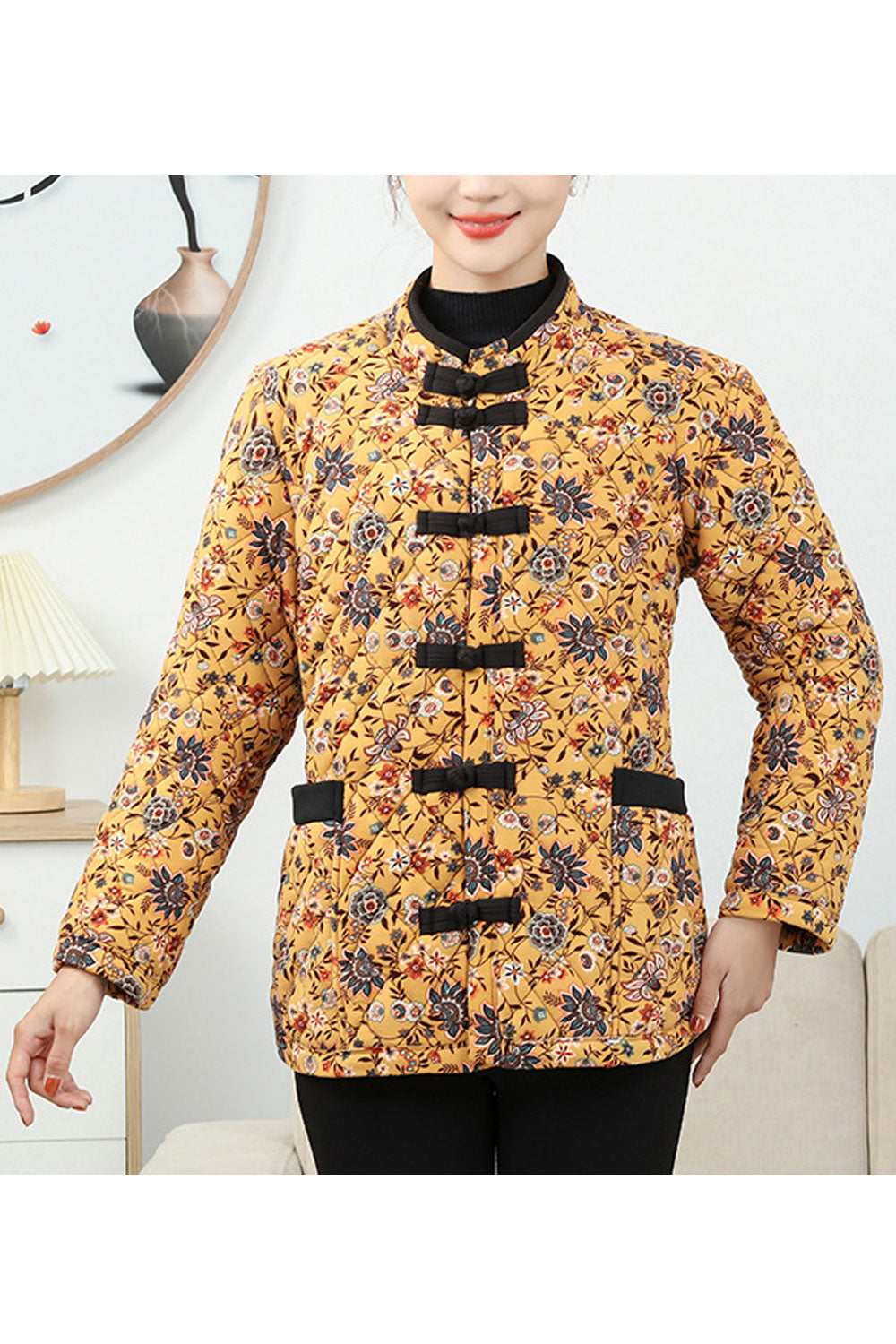 Women Appealing Floral Printed Nicely Designed Toggle Button Closure Stand Collar Stunning Winter Warm Padded Jacket