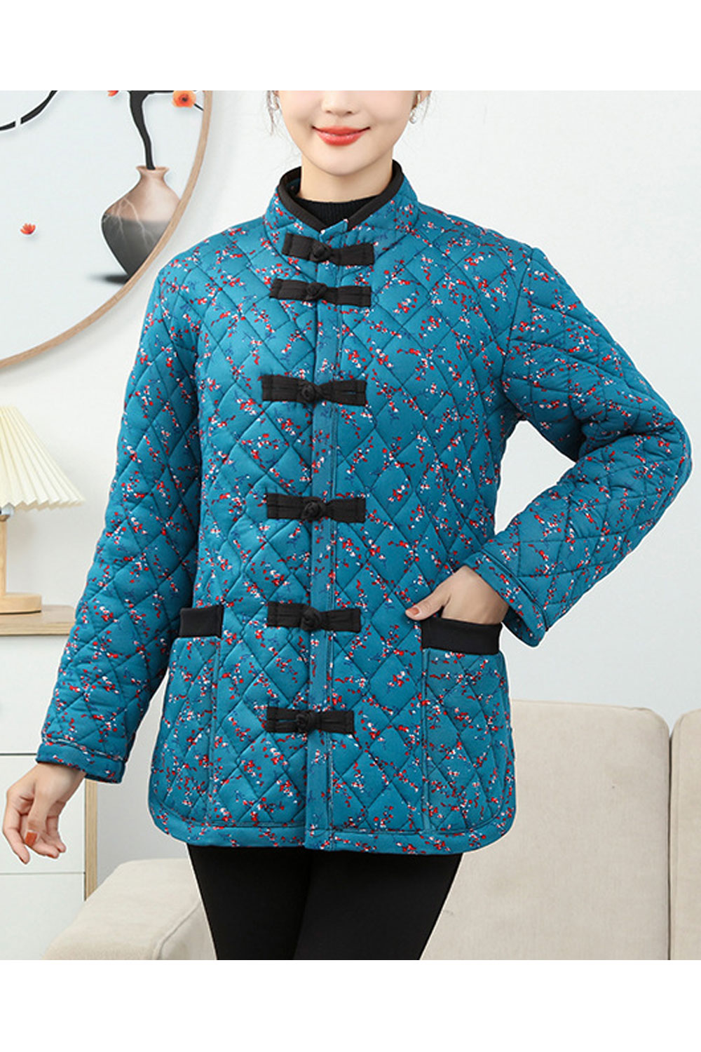 Women Appealing Floral Printed Nicely Designed Toggle Button Closure Stand Collar Stunning Winter Warm Padded Jacket