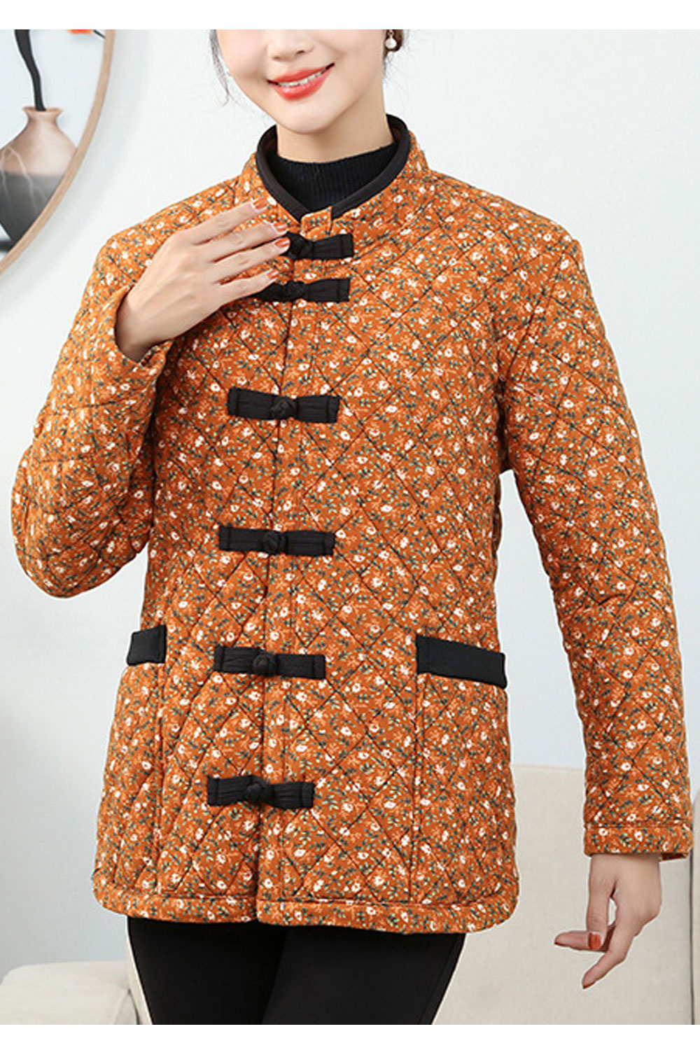 Women Appealing Floral Printed Nicely Designed Toggle Button Closure Stand Collar Stunning Winter Warm Padded Jacket