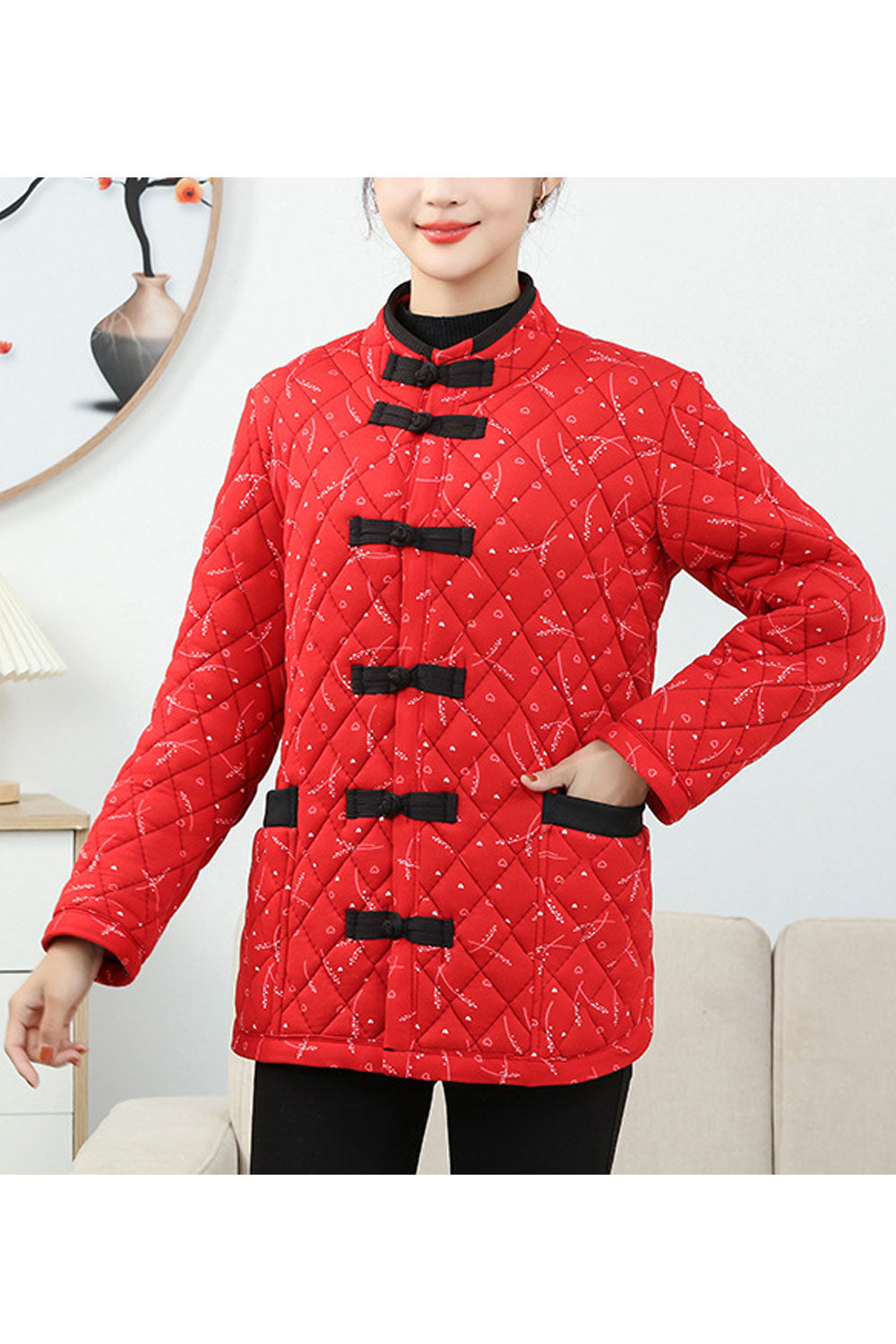 Women Appealing Floral Printed Nicely Designed Toggle Button Closure Stand Collar Stunning Winter Warm Padded Jacket