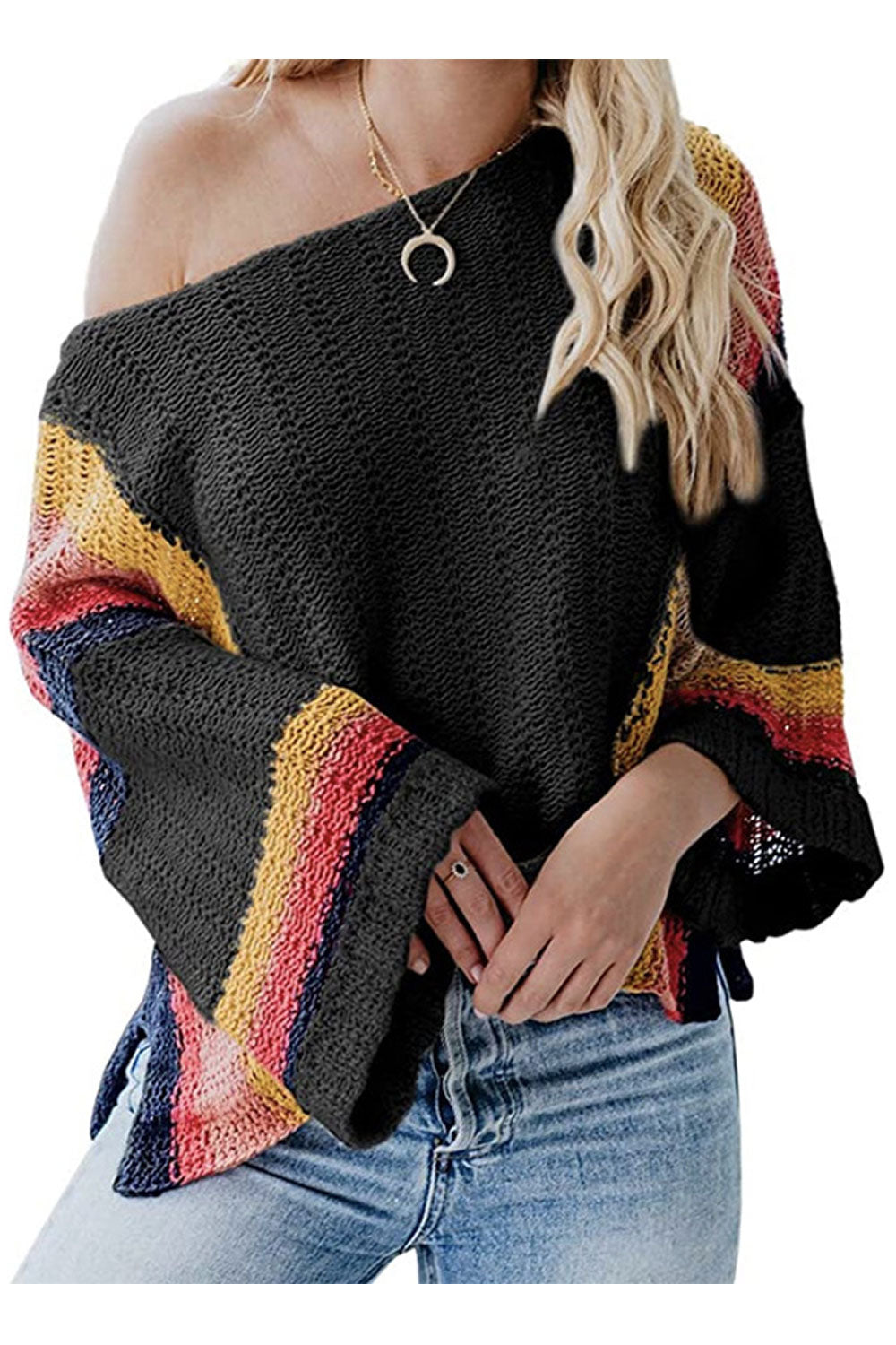 Women Marvelous One Shoulder Collar Amazing Dolman Sleeve Solid Pattern Knitted Warm Sweater