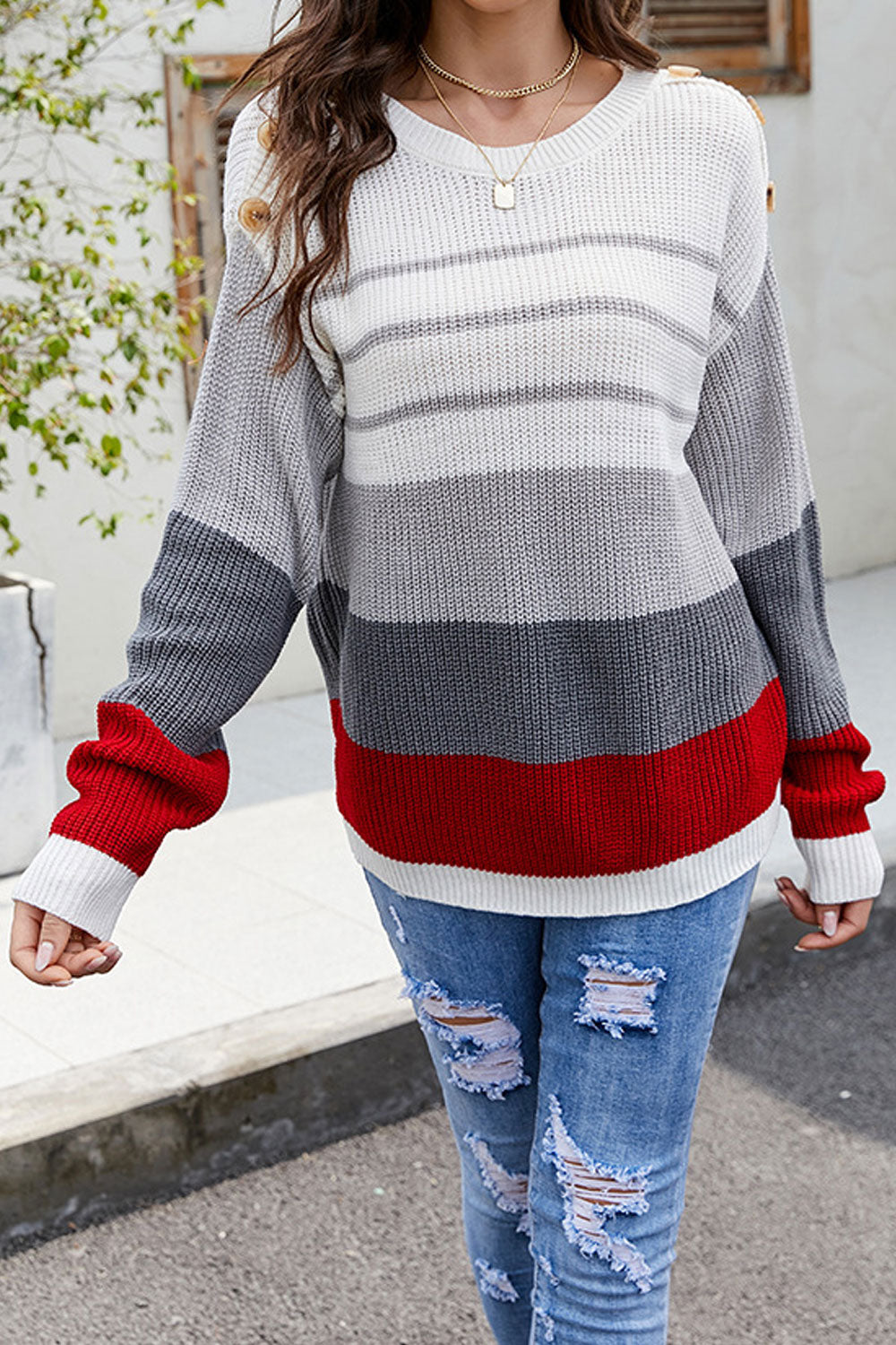Women Fabulous Stipe Pattern Loose Sleeves Button Decorated Shoulders Knitted Warm Winter Sweater