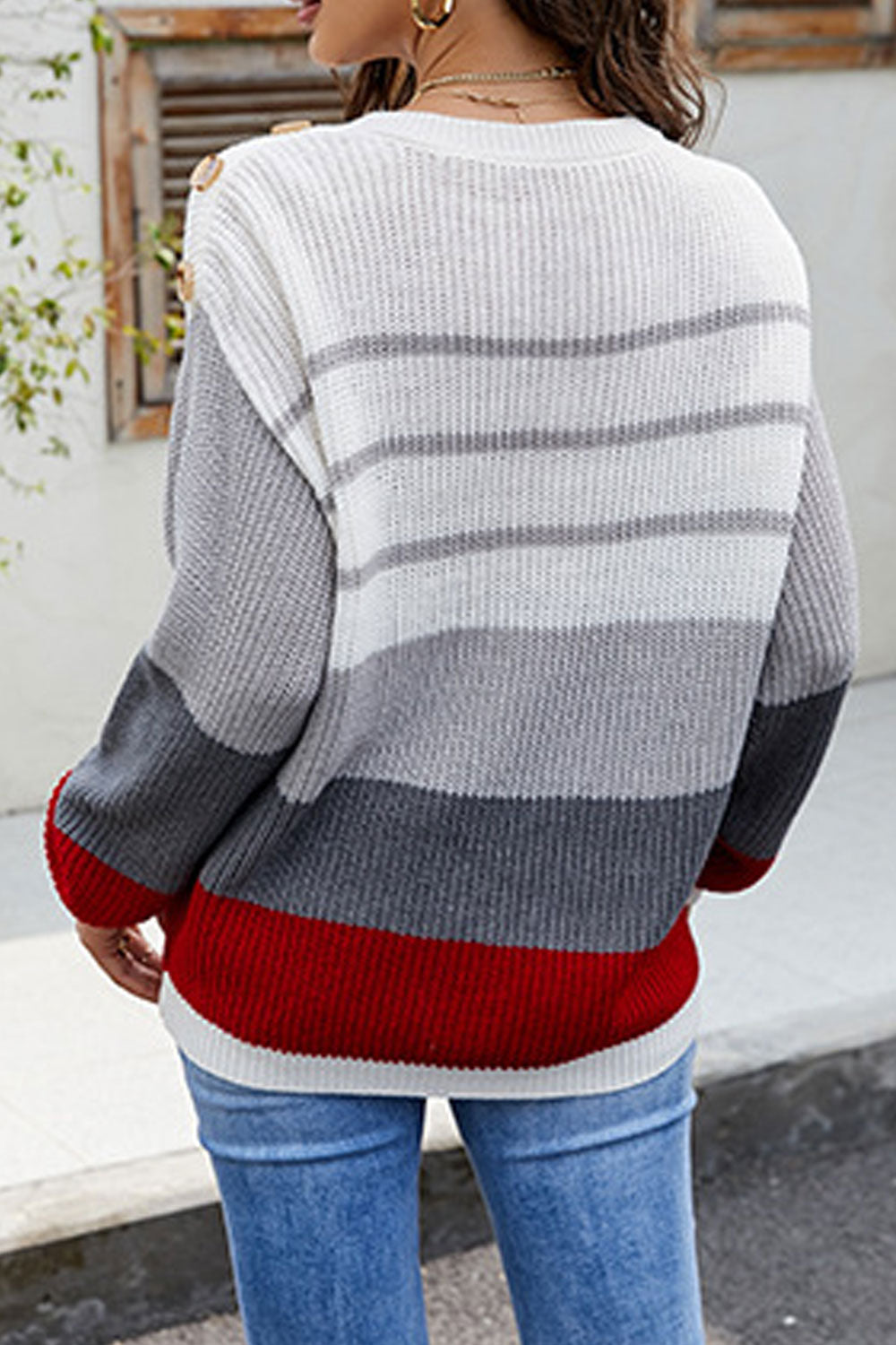 Women Fabulous Stipe Pattern Loose Sleeves Button Decorated Shoulders Knitted Warm Winter Sweater