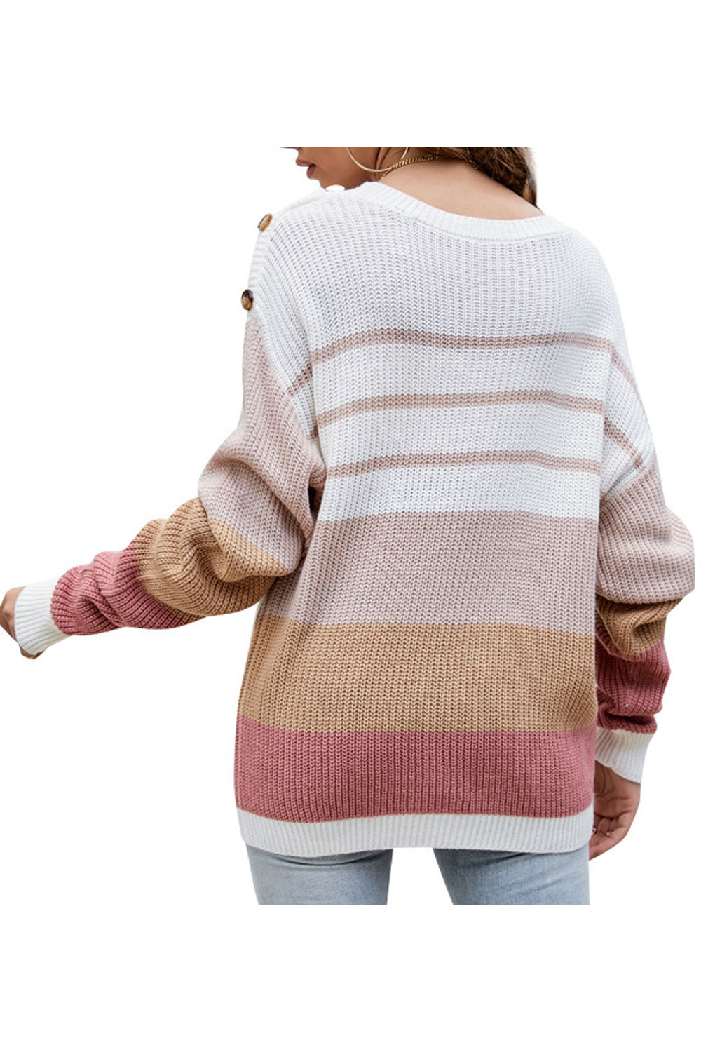 Women Fabulous Stipe Pattern Loose Sleeves Button Decorated Shoulders Knitted Warm Winter Sweater